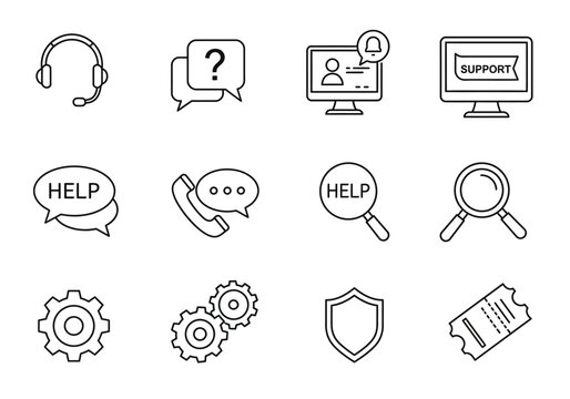 Black and white line art icons of support help and assistance symbols