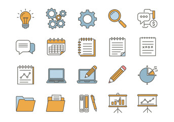 Compilation of businessrelated icons in orange blue and gray with gear documents and computers