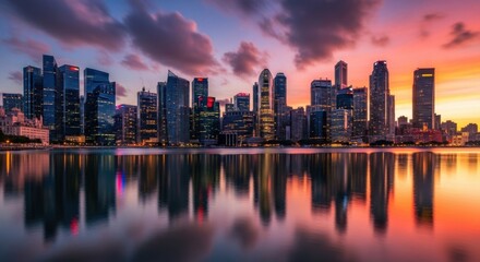 Obraz premium Vibrant city skyline at sunset with dramatic clouds reflecting on calm water