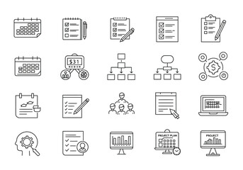 Contains business icons such as a calendar dollar sign diagram and team members