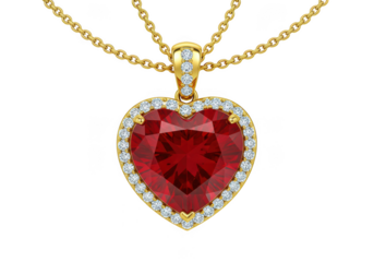 Exquisite heart shaped ruby pendant necklace with diamond halo isolated on transparent background