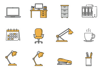 Desk items are neatly arranged in 4 rows featuring office essentials lighting and organization