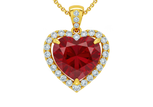 Elegant heart shaped ruby pendant with diamond halo and gold chain isolated on transparent background