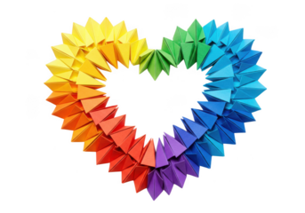 Colorful origami heart shape made of geometric paper triangles isolated on transparent background