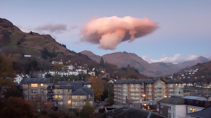 Picturesque Scottish town amidst rugged mountains and serene sky at twilight hour landscape