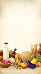 Rustic harvest of kitchen ingredients illustration