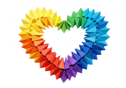 Colorful origami heart shape made of geometric paper triangles isolated on transparent background