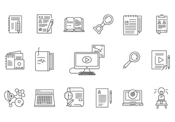 Icons of writingresearch notebook CV book magnifying glass computer ideas science laptop