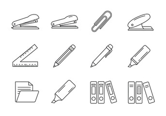 Line art of office supplies including staplers paper clip ruler pens highlighters folder and binders