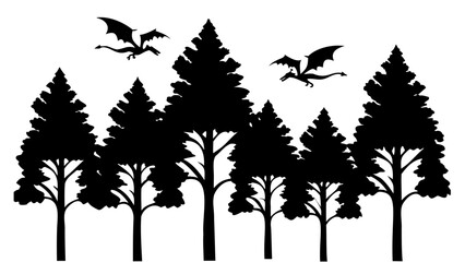 Fantasy Forest Silhouette with Dragons – Epic Vector Night Scene