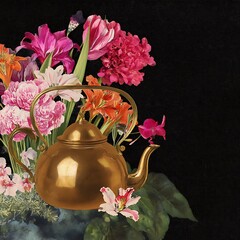 Golden teapot surrounded by colorful flowers