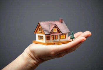 Miniature house model held in open palm, wooden base,  architecture,  housing