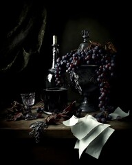 Grapes with wine and paper still life