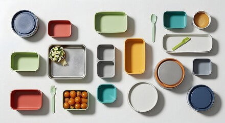 Arrangement of Colorful Food Containers and Utensils on White Background