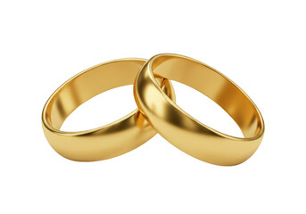 Two elegant gold wedding rings intertwined isolated on transparent background