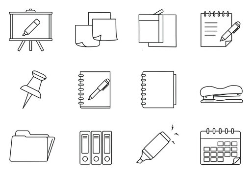 Line art whiteboard notes stapler folder calendar pin books and marker icons