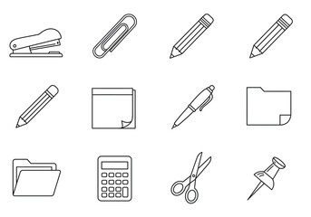 Office supplies in a grid layout featuring tools like stapler scissors calculator and writing instruments