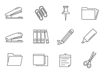 Office supplies outlined staplers clips pushpin folders binders pencil marker notepad scissors