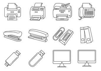Office supplies including printers staplers drives monitors  ring binders are shown in black outlines against a white background