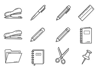 Outlined office supplies include staplers pens pencils ruler notebooks folder scissors and a pushpin