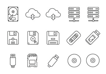 Outlined tech icons hard drive cloud server floppy disks USBs SD card connector and CDs