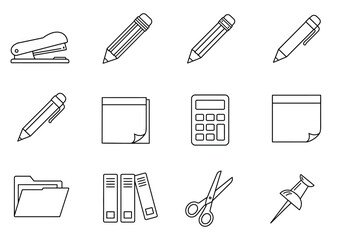 Outlined stationery supplies stapler pencils pens calculator scissors folder sticky notes binders and a pushpin
