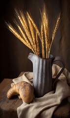 Wheat ears in pitcher with bread