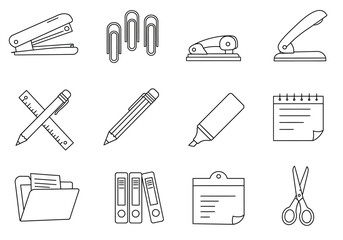 Stationery icons stapler paperclips hole punch pencil ruler folder binder notepad scissors marker
