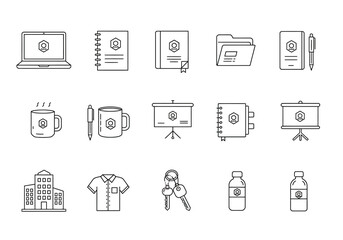 Set of various lineart icons featuring items like a laptop mug building and keys each with a central hexagon logo