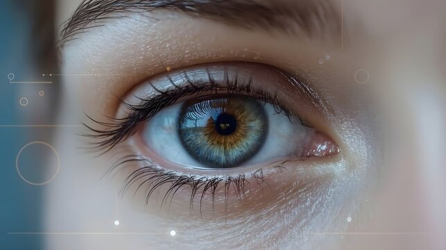 Extreme close-up of a human eye with striking blue and amber iris colors, surrounded by detailed eyelashes and glowing digital particles, symbolizing vision and future technology.

