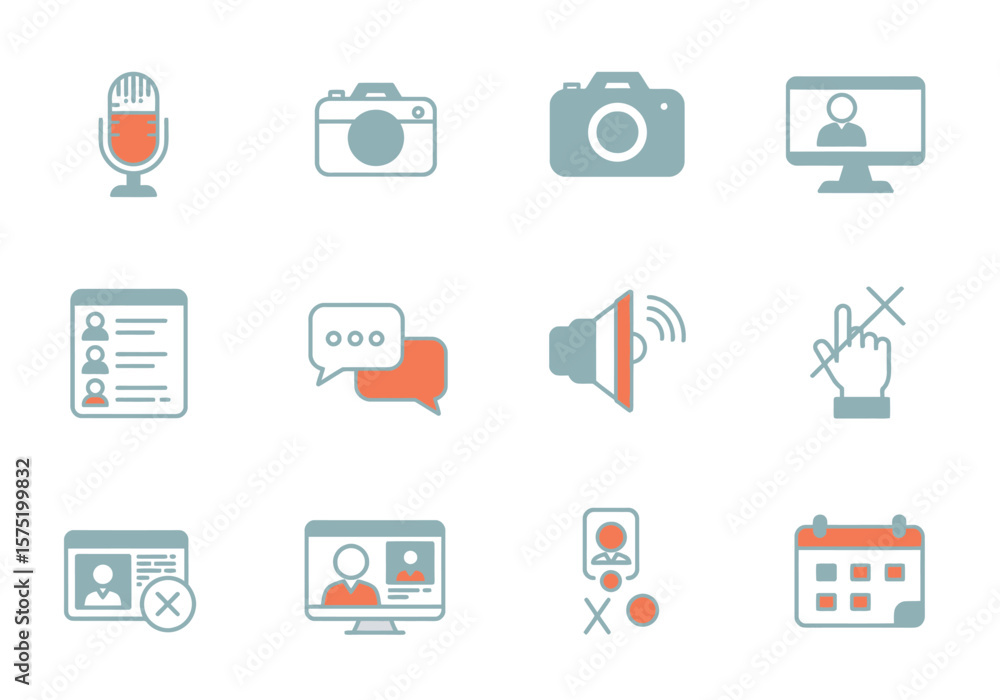 Poster twelve icons of varying size depicting assorted technology and communication concepts displayed in a