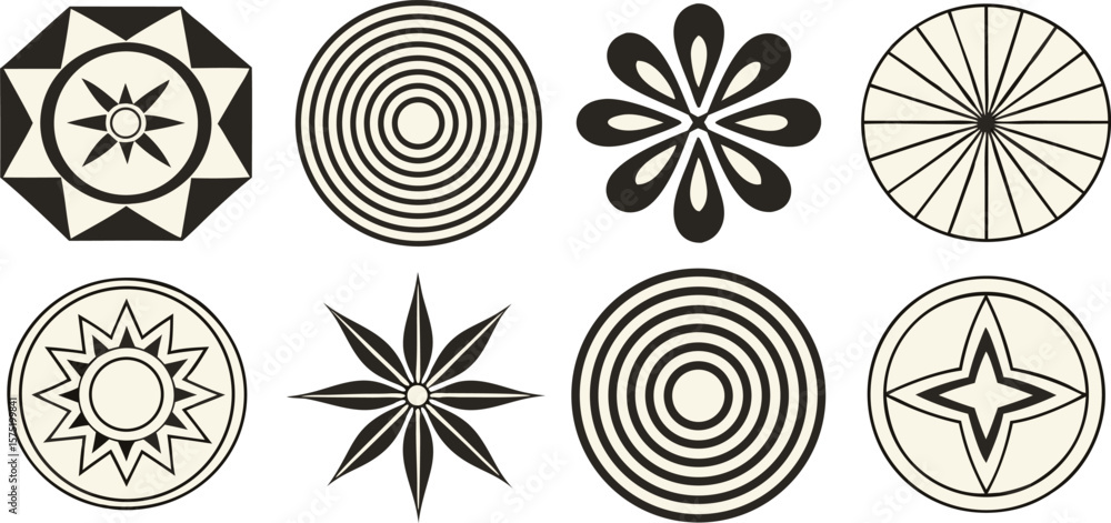 Poster geometric patterns starbursts and concentric circles in black and cream vector