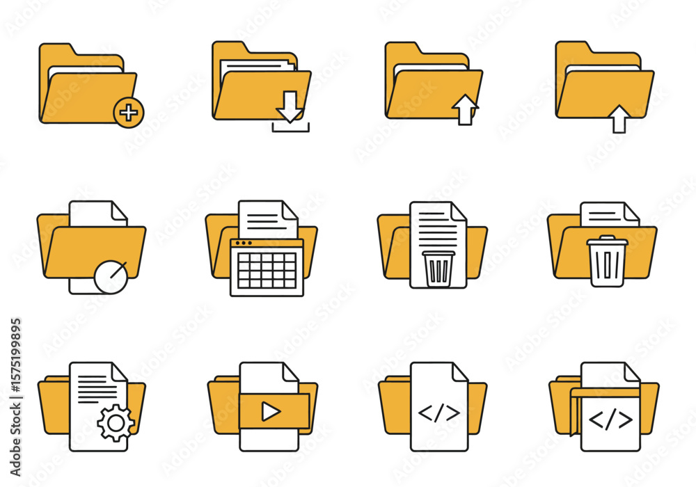 Poster twelve yellow folder icons with varying symbols plus download upload document gear calendar play cod