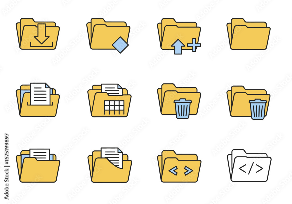 Poster twelve yellow folder icons with various symbols arranged in four rows of three on a white background