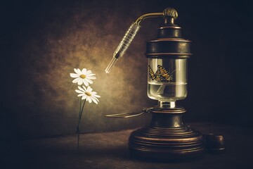 Nature captured within steampunk apparatus display