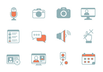 Twelve icons of varying size depicting assorted technology and communication concepts displayed in a grid arrangement