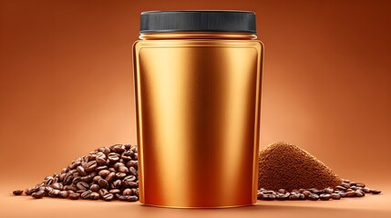 Gold Coffee Container with Coffee Beans and Powder in Warm Background