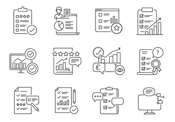 Twelve line art icons depict checklists charts and screens symbolizing data analysis feedback and performance review