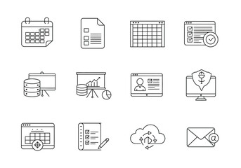 Twelve linedrawn icons calendar file chart email cloud computer presentation checklist etc