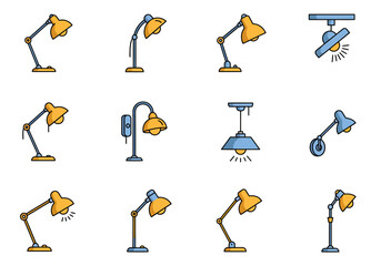 Twelve stylized desk lamps in a 3x4 grid showing varied designs and poses