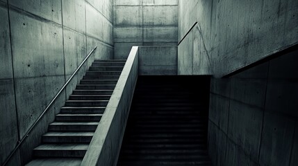 Fototapeta premium Two concrete staircases ascend and descend in a minimalist, dimly lit architectural space. The monochrome palette creates a mood of quiet contemplation