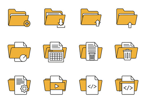 Twelve yellow folder icons with varying symbols plus download upload document gear calendar play code and trash