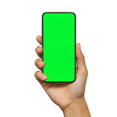 Hand holding a smartphone with green screen mockup, isolated on white or transparent background. PNG format.