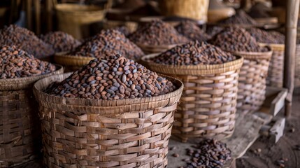 Obraz premium Sundried cacao beans filling woven baskets ready to be transported to the next step in the chocolatemaking process.