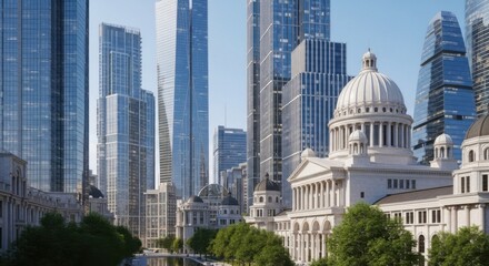 Obraz premium Modern Cityscape With Classical Architecture And Tall Skyscrapers Under A Clear Blue Sky