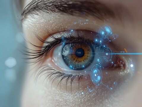 Extreme close-up of a human eye with striking blue and amber iris colors, surrounded by detailed eyelashes and glowing digital particles, symbolizing vision and future technology.

