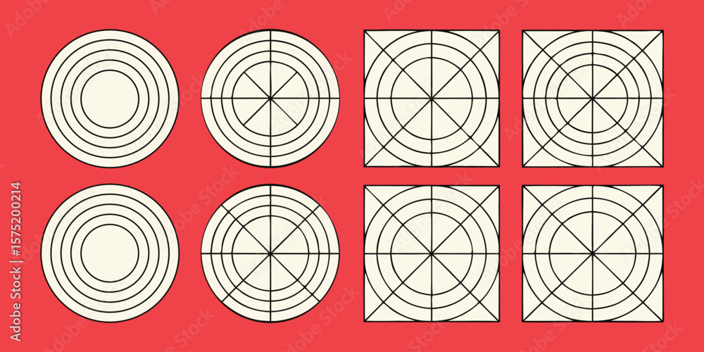 Poster geometric concentric circles and radial lines within squares and circles abstract pattern