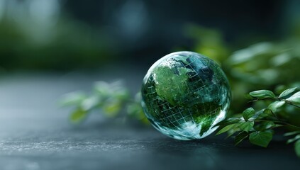 Glass globe of Earth surrounded by leaves