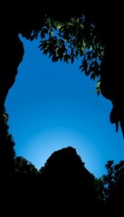 Sky framed by cave and foliage