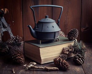 Teapot rests on book still life